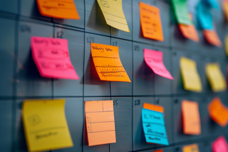 A wall completely covered in colorful post-it notes, creating a busy and colorful display, A calendar with sticky notes marking important datesの素材