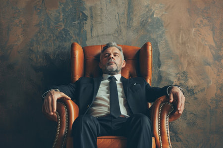 A CEO in formal attire sitting confidently in a chair, possibly making an important decision, A CEO making an important decision, exuding authority and confidenceの素材