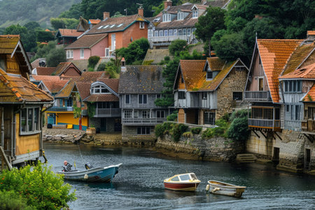 Several boats floating on the river, reflecting the sky and surrounding landscape, A charming fishing village nestled along the shorelineの素材