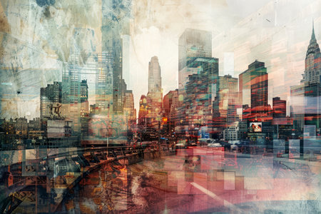 A painting showcasing a bustling city with numerous towering skyscrapers dominating the skyline, A cityscape where memories and identities can be uploaded and sharedの素材