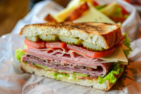 A detailed view of a classic American deli sandwich filled with meat and various vegetables, A classic American deli sandwich featuring a combination of savory and tangy flavorsの素材