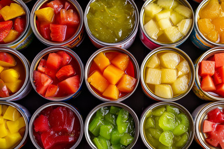 Closeup view of a variety of preserved fruits stored in glass jars, A close-up of a colorful array of canned fruitの素材