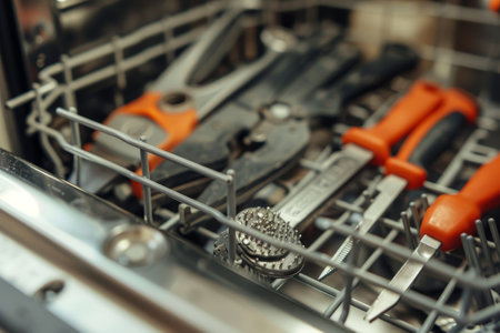 Various tools sitting inside a dishwasher, being cleaned and sanitized, A close-up of tools being used to repair a broken dishwasherの素材