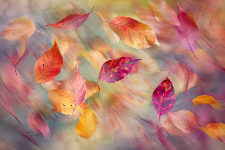 Multicolored leaves cluster drifting in the air, A cluster of multicolored leaves drifting gently in the autumn breezeの素材