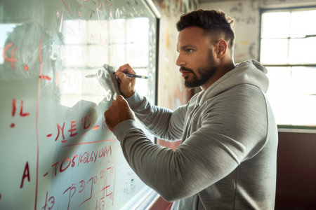 A man standing and writing on a whiteboard with a black marker, A coach drawing up a game plan on a whiteboardの素材