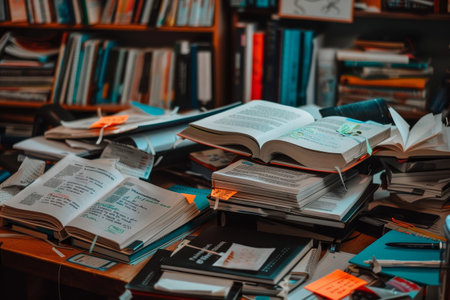 Pile of books resting on a wooden table, creating a cluttered yet organized scene, A cluttered desk with open textbooks and highlighted notesの素材