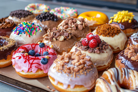 A selection of colorful gourmet doughnuts displayed on a tray, A colorful array of gourmet donuts with unique glazes and toppingsの素材