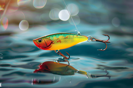 Colorful fishing lure floating on top of the water surface, attracting fish with its bright colors and movement, A colorful fishing lure dangling temptingly in the waterの素材