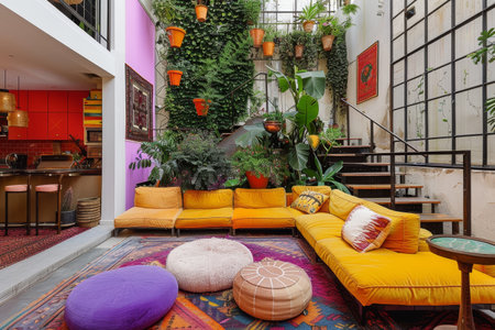 A vibrant urban living room overflowing with furniture and plants, A colorful, eclectic urban townhouse with a rooftop gardenの素材