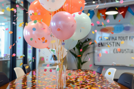 A table in a conference room covered with numerous colorful balloons and confetti, A conference room filled with balloons and confetti, with a banner reading Congratulations!の素材