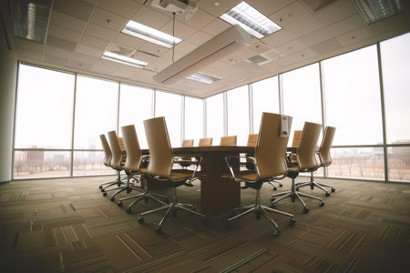 Spacious conference room with a sizable table surrounded by ergonomic chairs for meetings and discussions, A conference room with a large table and ergonomic chairsの素材