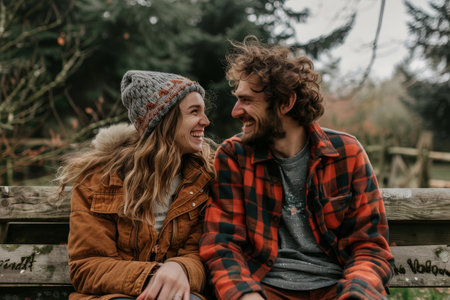 A man and a woman are sitting on a wooden bench, sharing laughter and joy together, A couple laughing together as they sit on a rustic bench in a picturesque parkの素材