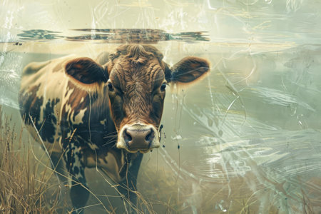 A cow standing in a field of tall grass, peacefully grazing, A cow with a dreamlike quality, as if it were floating or melting into its surroundingsの素材