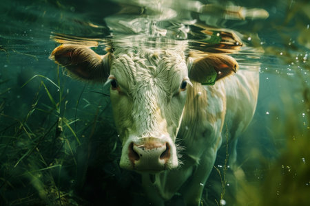 A cow standing in a body of water, surrounded by a serene natural environment, A cow with a dreamlike quality, as if it were floating or melting into its surroundingsの素材
