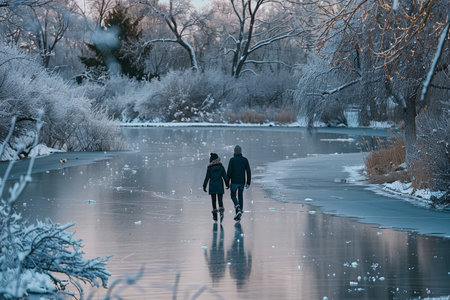 Two people holding hands walk on a frozen lake under a clear sky, A couple skating hand in hand on a frozen pondの素材