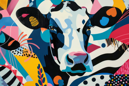 A cow depicted in vibrant colors alongside abstract shapes in a lively painting, A cow surrounded by abstract shapes and colors, creating a sense of movement and energyの素材