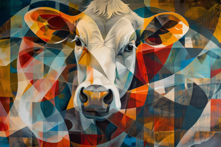 A cow depicted in a painting with a vibrant and colorful abstract background, A cow surrounded by abstract shapes and colors, creating a sense of movement and energyの素材