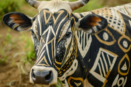 Detailed view of a cow with a unique pattern on its face, showcasing intricate textures and markings, A cow with patterns and textures inspired by traditional tribal art or motifsの素材