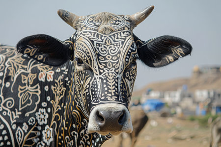 A detailed view of a cows face with unique and intricate patterns on its hide, A cow with intricate patterns on its hide, resembling a piece of artの素材