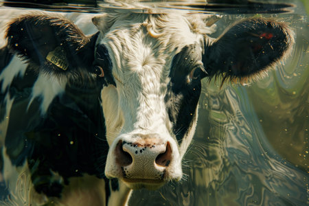 Close up of a cow submerged underwater, showcasing its unique experience in an aquatic environment, A cow with a dreamlike quality, as if it were floating or melting into its surroundingsの素材