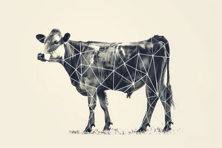 A cow is standing in a field marked with lines in a minimalist style, A cow depicted in a minimalist style, with simple lines and shapes creating its formの素材
