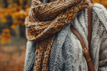 A woman wearing a scarf and carrying a brown bag, A cozy autumn outfit with layers of knits and scarvesの素材