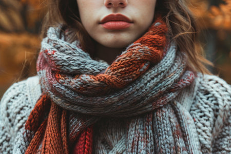 A woman dressed in a cozy autumn outfit, wearing a scarf and hat, A cozy autumn outfit with layers of knits and scarvesの素材