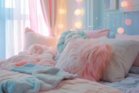 A bed in a cozy bedroom adorned with a variety of pillows in pastel colors, A cozy bedroom decorated with pastel colors and fluffy pillowsの素材