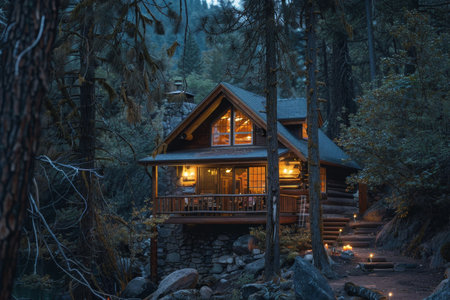A cabin located in a forest, brightly lit up during the nighttime, A cozy cabin nestled in the snowy mountains surrounded by pine treesの素材