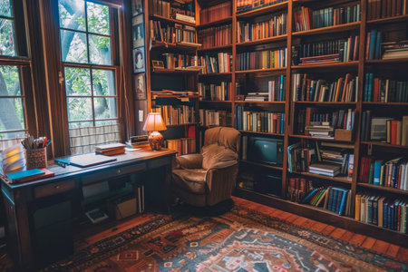 A cozy room filled with bookshelves, books, and various pieces of furniture, A cozy study nook with a desk, chair, and bookshelves filled with textbooks and educational resourcesの素材