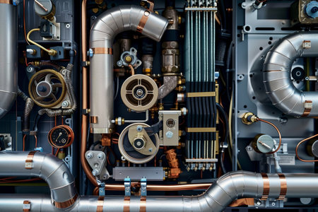 Close up of a machine with intricate network of pipes and valves, A creative visualization of the inner workings of an air conditioner systemの素材