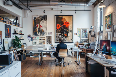 A man in business attire sits at a modern desk in an office space, A creative director in a trendy office space, surrounded by art and design inspirationの素材