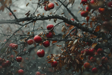 Tree with an abundance of red apples hanging from its branches, A crisp breeze ruffling the branches of a tree laden with applesの素材