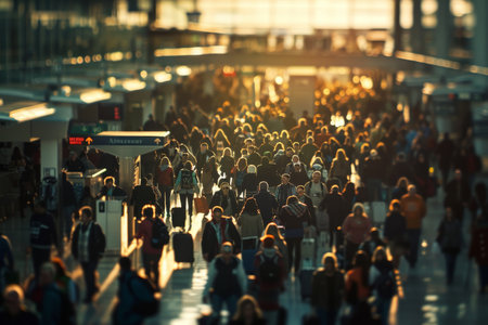 A large group of people walking down a bustling city street, A crowded airport terminal filled with travelers hauling luggage and looking for their gatesの素材