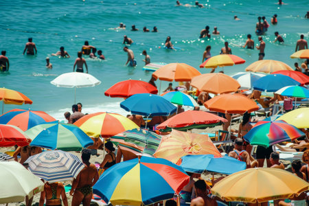Large group of people gathered on a beach, each under a colorful umbrella, enjoying the sunny day, A crowded beach dotted with colorful umbrellas and sunbathersの素材