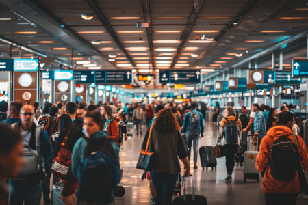 Crowded airport terminal with travelers walking towards departure gates, A crowded airport terminal filled with travelers hauling luggage and looking for their gatesの素材