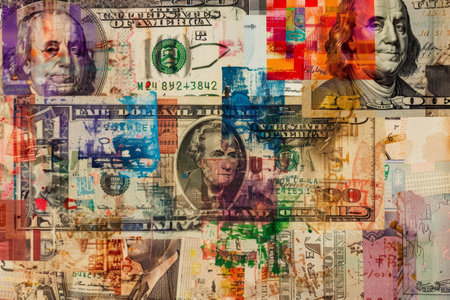 Various dollar bills of different colors arranged in a collage, A digital collage of various currencies from around the worldの素材
