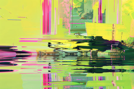 A painting of a boat sailing on a distorted body of water, showcasing digital glitch art composition, A digital glitch art composition with distorted shapes and lines on a lime green backgroundの素材