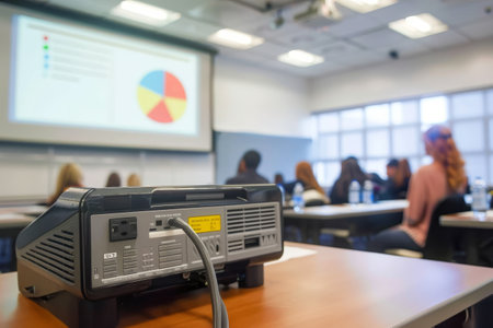 A radio is placed on top of a wooden table, A digital projector displaying educational content on a screenの素材
