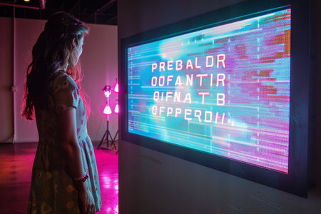 A woman is standing in front of a large screen displaying the words Pregnant or N in a room, A digital screen displaying the words Pregnant or Not Pregnantの素材
