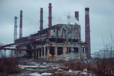 An old factory emitting smoke from its smokestacks due to industrial activity, A dilapidated, rusting factory with smokestacks emitting only ashの素材