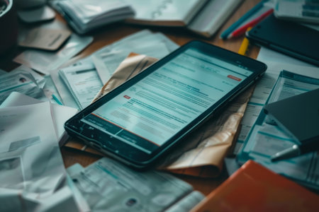 A cell phone lying on top of a stack of various papers and documents, A digital tablet showing a variety of documents and PDFsの素材