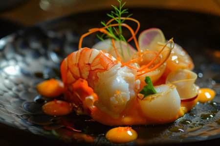 A plate filled with shrimp and a colorful variety of vegetables, A dish fit for royaltyの素材
