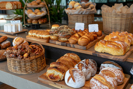 Freshly baked breads and pastries of different varieties on display at a bakery, A display of freshly baked bread and pastriesの素材