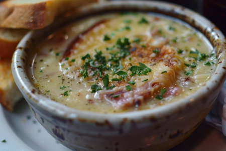 A close-up view of a bowl filled with steaming soup resting on a plate, A dish that is simple yet satisfying, offering a taste of traditional American deli cuisineの素材
