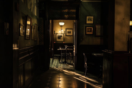 A dimly lit hallway stretches ahead, leading to a dining room with shadows casting an eerie atmosphere, A dimly lit room with shadows creeping across the wallsの素材
