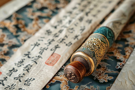 Detailed view of a pen resting on a table, A diploma adorned with intricate calligraphy and a golden sealの素材