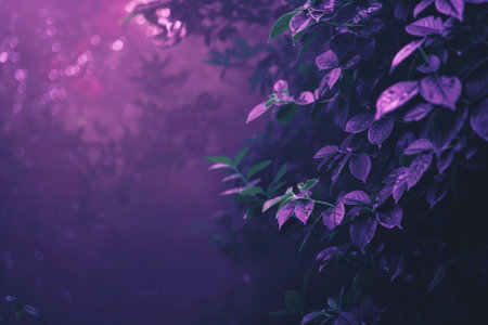 A bush with vibrant green foliage and purple leaves standing out against the backdrop, A dreamy purple gradient fading into darknessの素材