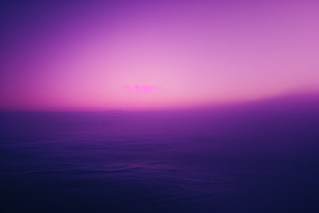 A sky filled with shades of purple and the sun positioned far away on the horizon, A dreamy purple gradient fading into darknessの素材