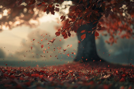 A tree with red leaves sways in the wind, its leaves swirling and fluttering in the breeze, A dreamy landscape of a tree covered in leaves, with a soft focus to convey a sense of nostalgiaの素材